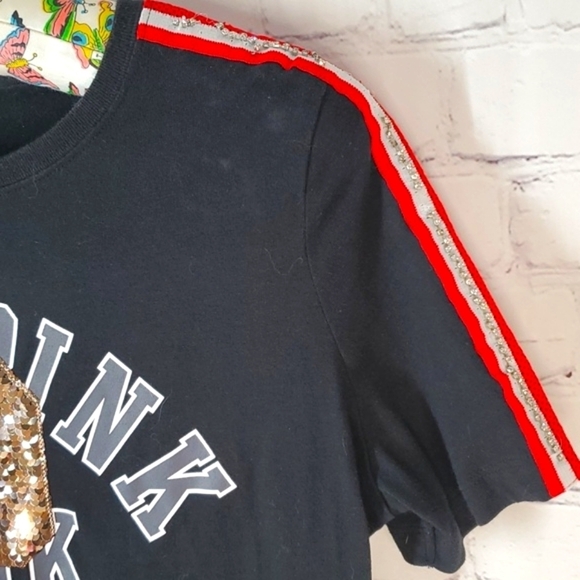 2018 Victoria's Secret PINK Sequin Rhinestone Black Red Tee Tshirt Size Small - Picture 9 of 14